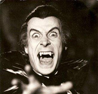 Vampire with exaggerated fangs and menacing expression, representing iconic horror movie teeth for Halloween.