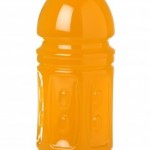 Orange sports drink in a plastic bottle, highlighting potential dental health risks associated with acidic beverages.